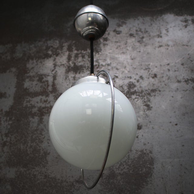 French Adjustable Metal Pendant Lamp with White Opaline Globe, 1950s For Sale - Image 6 of 8