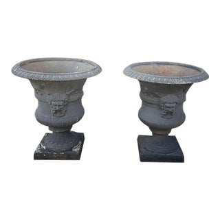 Pair of 19th Century Neoclassical Cast Iron Garden Urns 35 Inches Tall For Sale