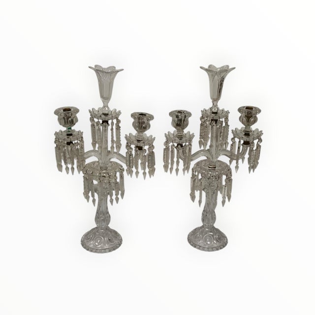 1960s Vintage Pair 14" Modular Crystal 3-Light Candelabras Threaded European Lead Crystal Complete With Prisms For Sale - Image 5 of 12