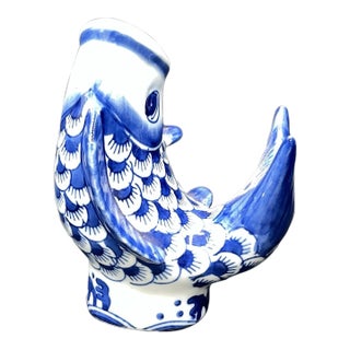 Vintage MCM Blue White Chinese Porcelain Koi Open Mouth Fish Vase For Sale