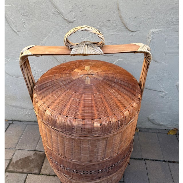 Vintage Chinese Three Tier Wood Woven Wedding Storage Basket For Sale - Image 4 of 10