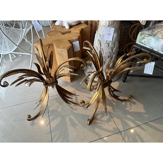 Vintage Pair of 1950s Italian Gold Tole Wheat Sheaf Side End Tables Cocktail For Sale In West Palm - Image 6 of 12