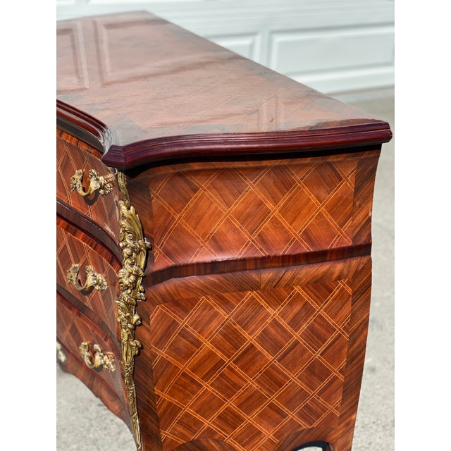 Mid 20th Century Vintage French Louis Inlaid and Gilt Bombe Commode For Sale - Image 5 of 11
