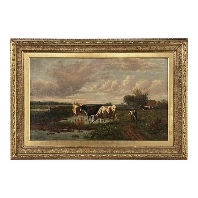 Antique Oil Painting on Canvas by Henri Dupont (1890-1961) 'Grazing Cattle' For Sale
