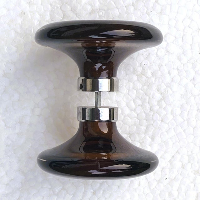 Double door handles in solid glass hand blown Sommerso Murano glass with centre in chocolate brown and outer ring in clear...