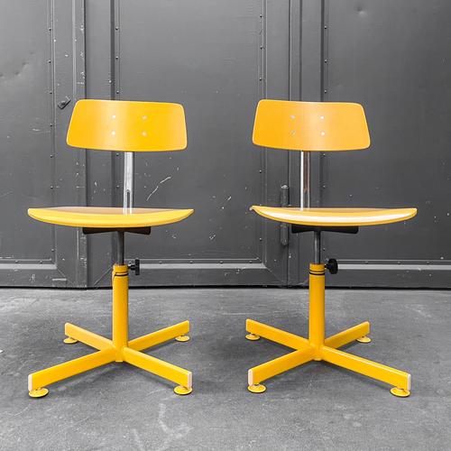 Product. Pair of desk chairs. Style. Vintage. Swedish. Material. Made of wood. Yellow lacquered. Features. Height/tilt of...
