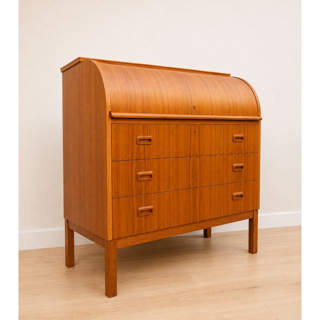 Mid Century Swedish Teak Roll Top Secretary Desk by Egon Ostergaard ~ Scandinavian or Danish Modern Style ~ Vintage Dresser For Sale
