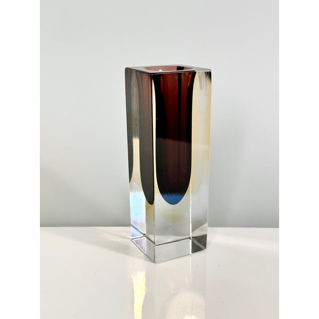 This expressive, handcrafted Sommerso Murano block vase was made in the Alessandro Manddruzzato workshop in the 1960s. It...