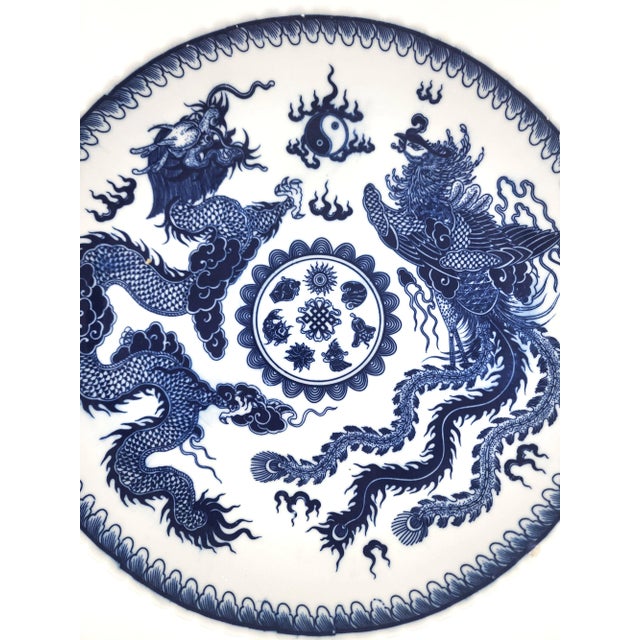 Late 20th Century Late 20th Century Hand-Painted Bat Trang Blue & White Porcelain Pedestal Serving Dish With Dragon Motif For Sale - Image 5 of 13