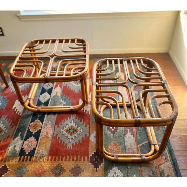 Wood Vintage Rattan Fretwork Side Tables, Pair For Sale - Image 7 of 8