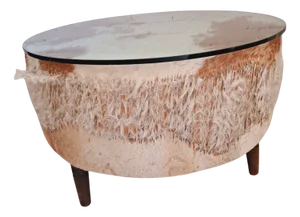 Vintage African Drum Coffee Table Cowhide Table Glass Top Large, 1960s