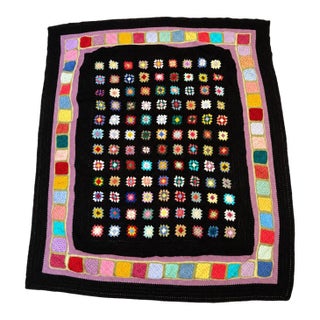 Vintage Handmade Granny Square Crochet Blanket in Black With Multicolor Border – 63” X 67” For Sale