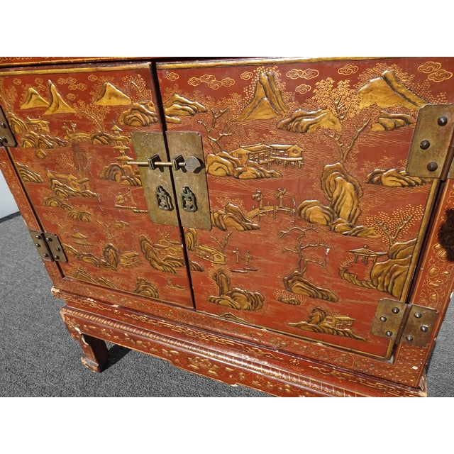 Antique Storage Cabinet Oriental Chinese Red Lacquer Chinoiserie W Stand & Brass For Sale - Image 4 of 18