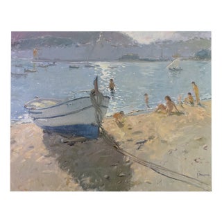 Josep Munné Graupera Contrallum, Cadaqués Beach Scene with Boat, Oil Painting For Sale