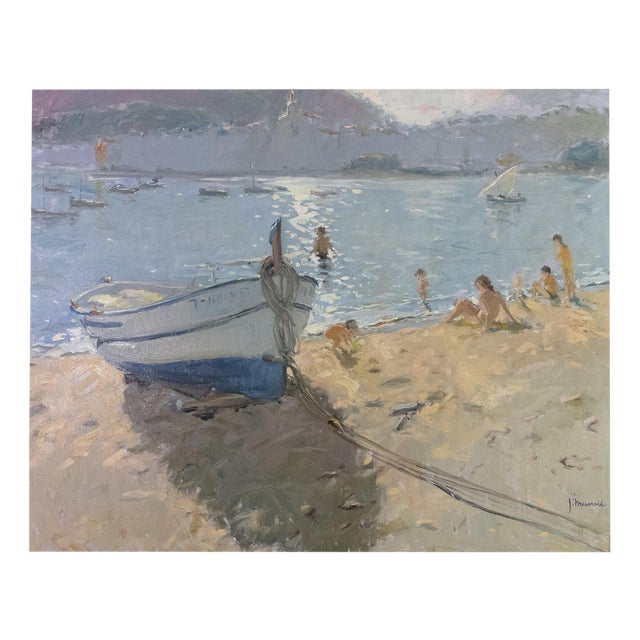 Josep Munné Graupera Contrallum, Cadaqués Beach Scene with Boat, Oil Painting For Sale