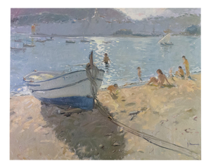 Josep Munné Graupera Contrallum, Cadaqués Beach Scene with Boat, Oil Painting