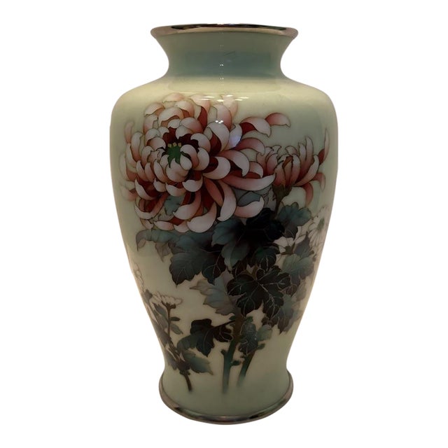 Ando Jubei Signed Japanese Cloisonné Celadon Green Vase Chrysanthemums Antique For Sale