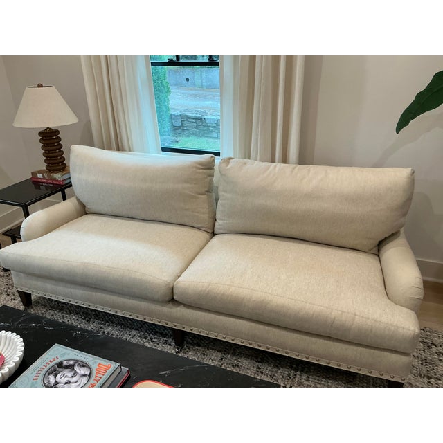 Transitional Lee Industries Ivory Herringbone Sofas With Down-Filled Cushions — Pair For Sale - Image 3 of 18
