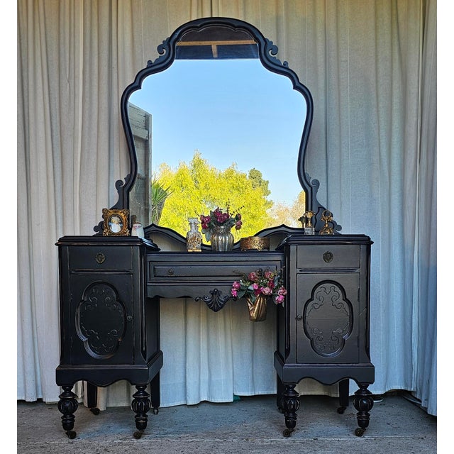1930's Black Vanity With Mirror, Vintage Parisian Style For Sale - Image 16 of 17