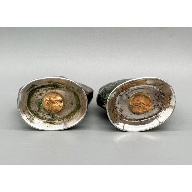 1960's Irridescent Mother of Pearl Shell Salt and Pepper Shakers With Silver Plated Bases- a Pair For Sale In Houston - Image 6 of 11