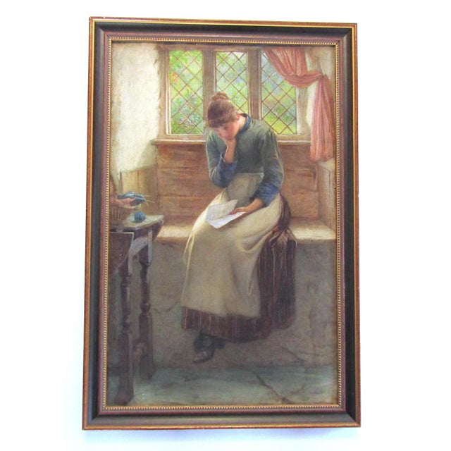 Paper Antique Watercolor Painting of a Woman Reading a Letter in a Cottage by William Harris Weatherhead, Framed For Sale - Image 7 of 7