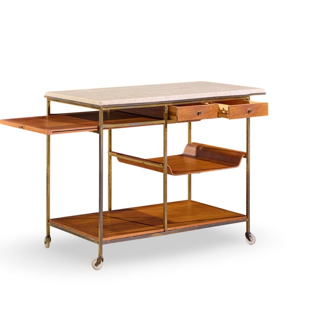 Paul McCobb for Calvin Irwin Collection Model C9203 Mid Century Travertine, Brass and Mahogany Bar Cart For Sale - Image 9 of 11