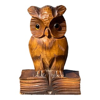 Folk Art Hand Carved Circa 1900 Wise Old Owl Standing on a Book With Glass Eyes For Sale