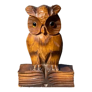Folk Art Hand Carved Circa 1900 Wise Old Owl Standing on a Book With Glass Eyes