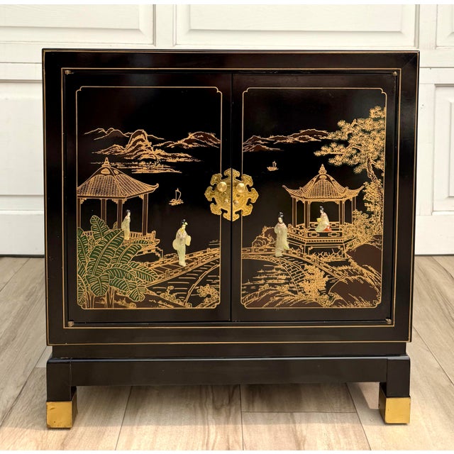Vintage Chinoiserie Black Lacquer Nightstand Cabinet With Carved Stone Figures For Sale - Image 13 of 13