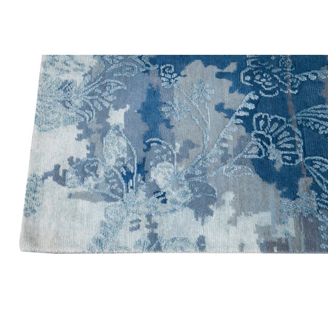 Blue 21st Century Modernn Wool & Silk Indian Rug For Sale - Image 8 of 13
