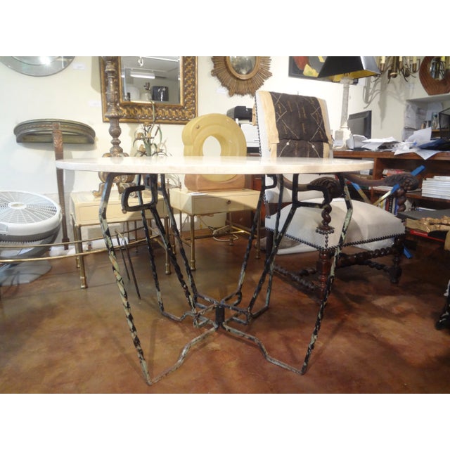 French Wrought Iron Table With Travertine Top. Our French Neoclassical style hand forged wrought iron center table, dining...