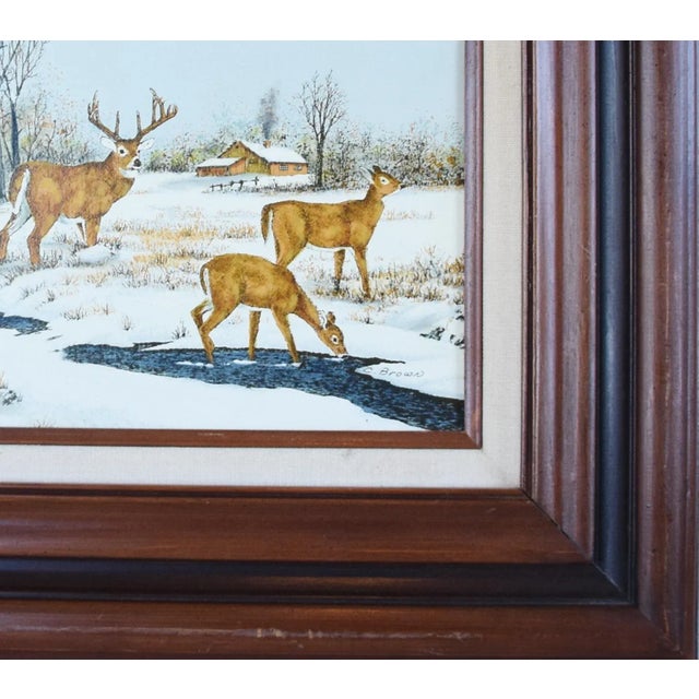 Wood Artist Signed Stag and Doe Deer's in Snowy Landscape Painting W/ Frame For Sale - Image 7 of 9