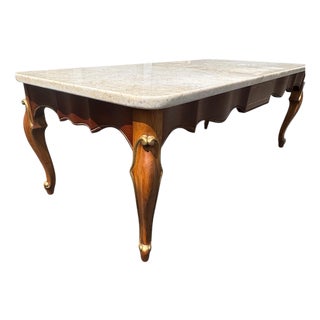 Louis XV-Style Cherry Coffee Table With Fossil Limestone Top and Gilded Accents For Sale