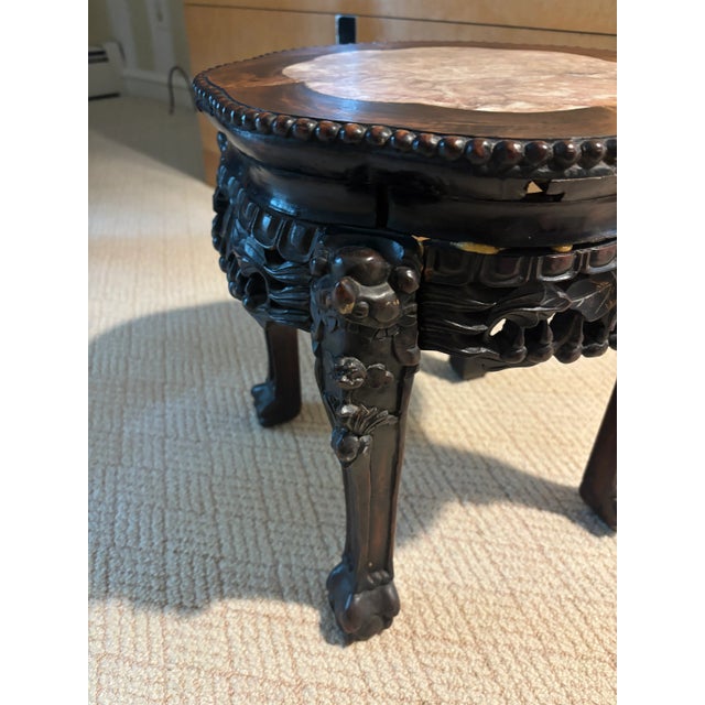 Antique Hand-Carved Chinese Low Stand / Side Table With Mable Top For Sale - Image 4 of 7