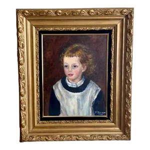 Vintage 1960s Oil Painting Portrait of Child in Heavy Ornate Gilt Frame, Signed