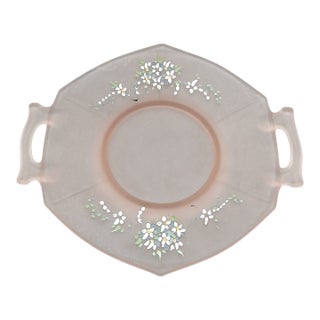 1970s Frosted Pink Octagonal Dish Hand Painted Flowers Dainty Cottage Tea Party Girly For Sale