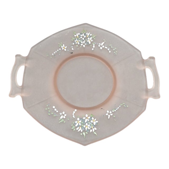 1970s Frosted Pink Octagonal Dish Hand Painted Flowers Dainty Cottage Tea Party Girly For Sale