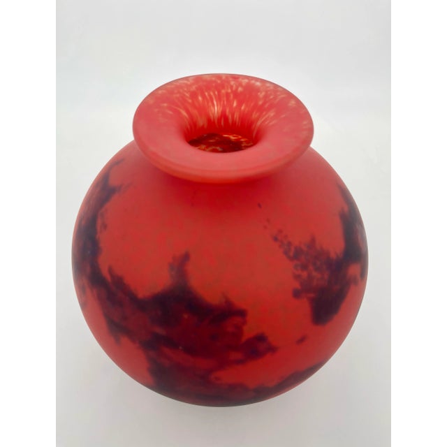 Muller Frères Luneville, France Art Deco art glass vase featuring red-orange glass mottled at rim and base with burnt...