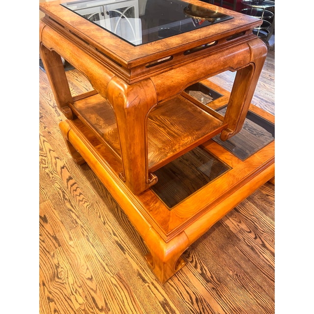 Fabulous chinoiserie chow leg Ming style large square coffee and end table with four beveled smoke glass inserts (coffee)...