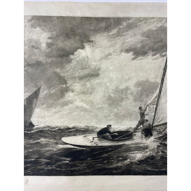 Gray Antique Nautical Seascape Circa 1919 Maritime Engraving Print, Sailboats in Rough Seas For Sale - Image 8 of 10