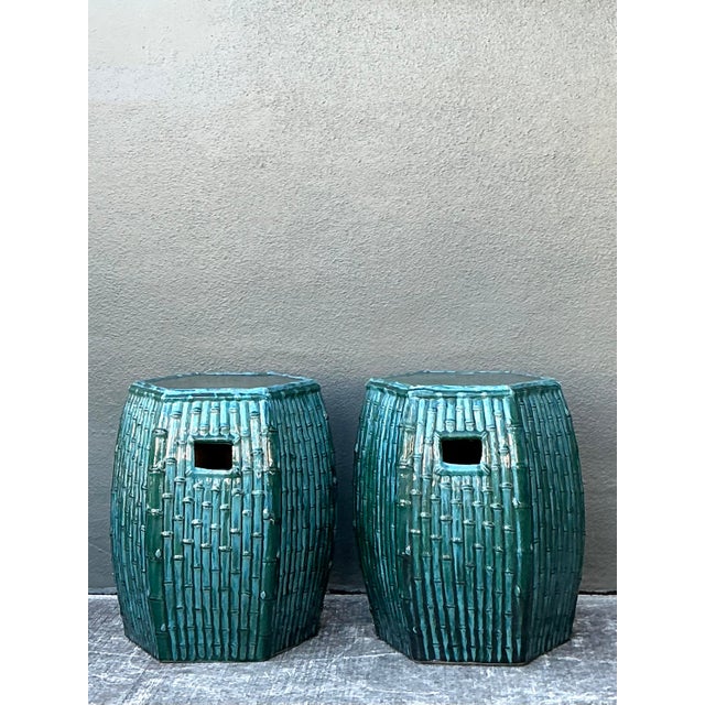 Chinoiserie Vintage Glazed Ceramic Bamboo Garden Stools - A Pair For Sale - Image 3 of 12
