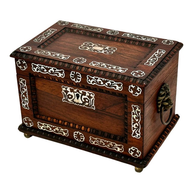 Outstanding Antique Victorian Rosewood Veneer Tea Caddy Box With Fancy Abalone Inlay Features - Circa 1870s For Sale