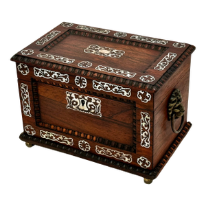 Outstanding Antique Victorian Rosewood Veneer Tea Caddy Box With Fancy Abalone Inlay Features - Circa 1870s