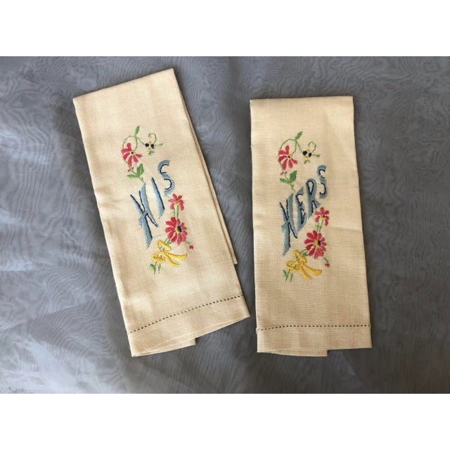 Traditional His and Hers Embroidered Linen Hand Towel Set of 2 For Sale - Image 3 of 11