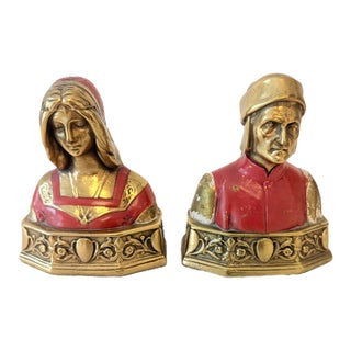 1940s Daison Metalliques 24k Gold Plated Cast Metal Dante & Beatrice Bookends For Sale