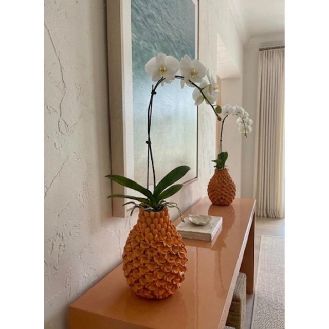 Pair of Vintage Mid-Century Italian Glazed Ceramic Trompe l'Oeil Floral Vases For Sale - Image 9 of 12