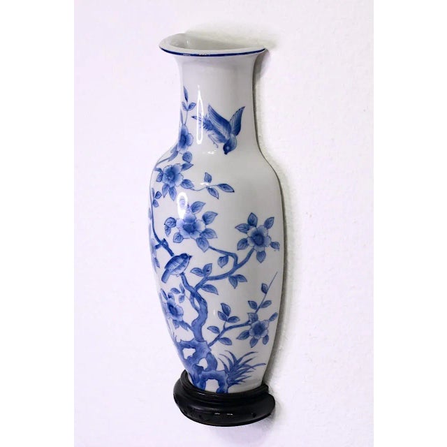 Japanese Vintage Japanese Blue & White Floral Mounted Porcelain Wall Pocket Vase With Birds & Flowers For Sale - Image 3 of 8