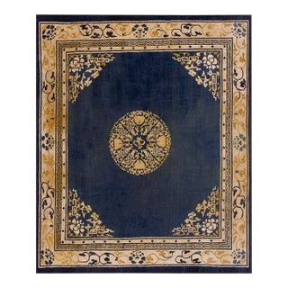 1920s Blue Navy Medallion Antique Chinese Peking Rug 8' 4" X 7' Knotted Pile Wool Carpet For Sale
