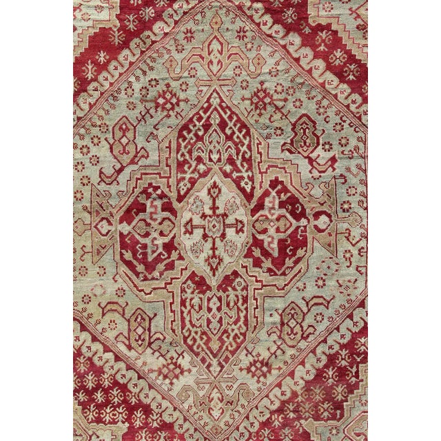 Turkish Antique Turkish Ghiordes Geometric Rug in Raspberry Red and Ice Blue and Green For Sale - Image 3 of 10