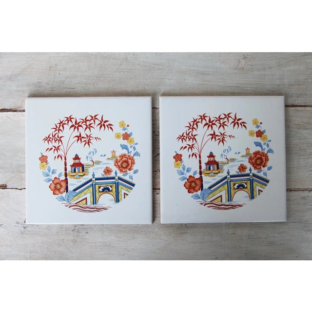 Vintage Chinoiserie Tin-Glazed Pottery Tiles - Set of 2 For Sale - Image 6 of 6